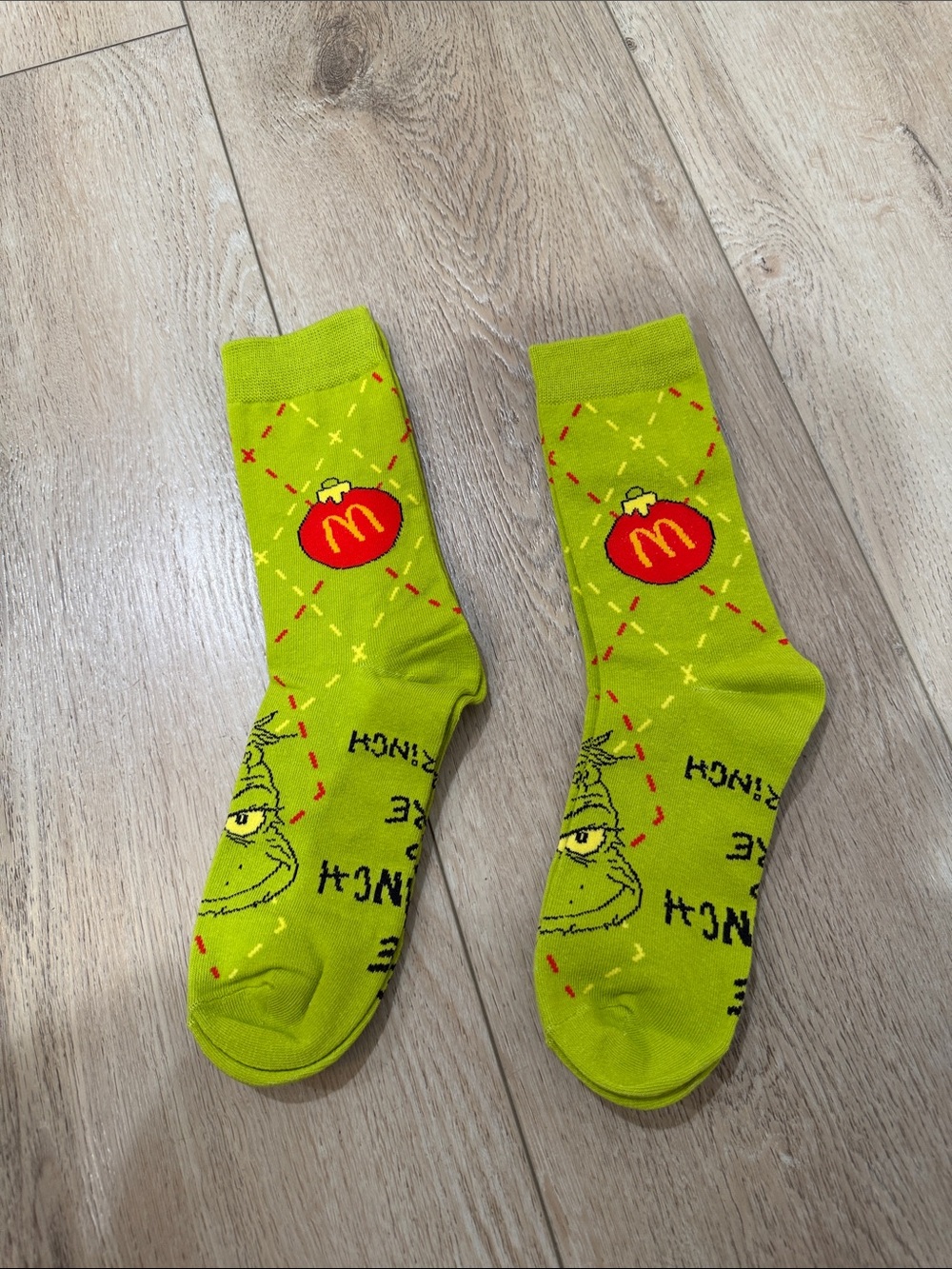 McDonald's Lime Green Grinch Crew Socks with Red Logo